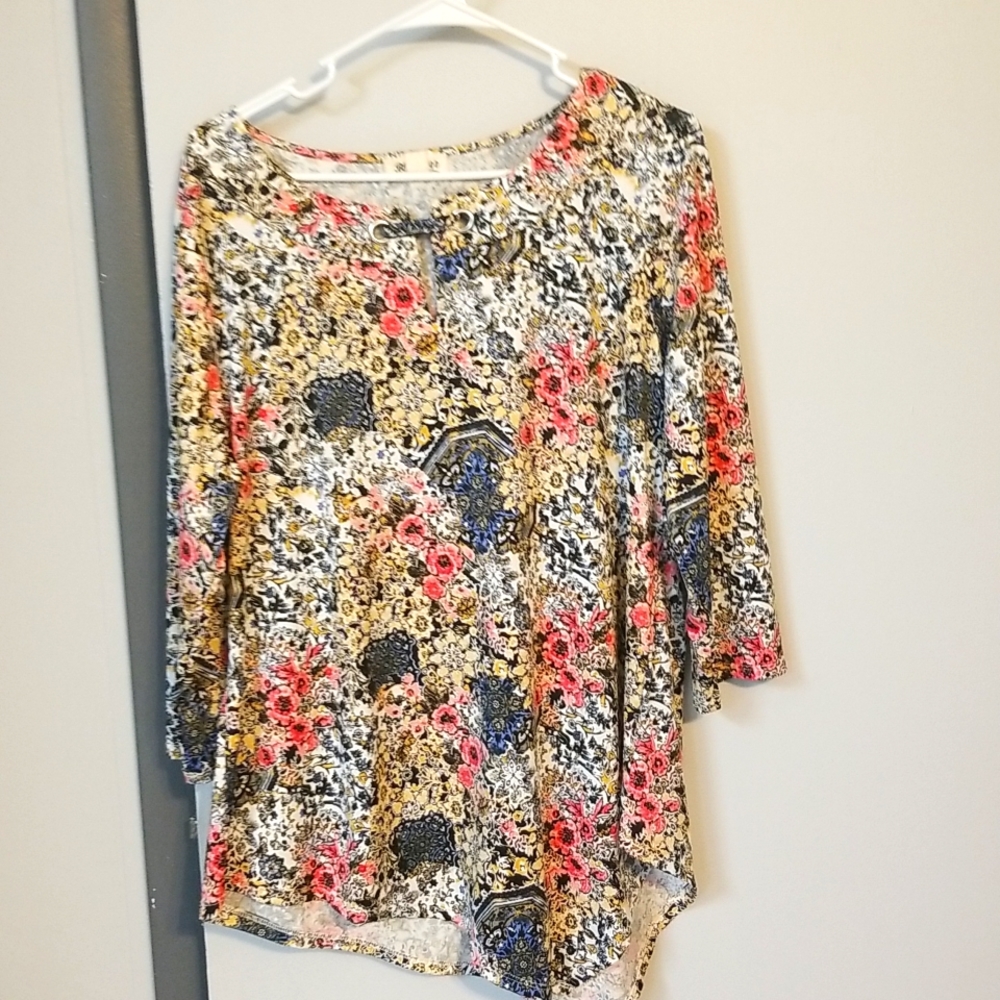 Ladies blouse. Beautiful pink , blue , tan brown floral pattern